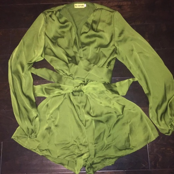 For Love & Lemons Green Satin Wrap Romper - Picture 2 of 4